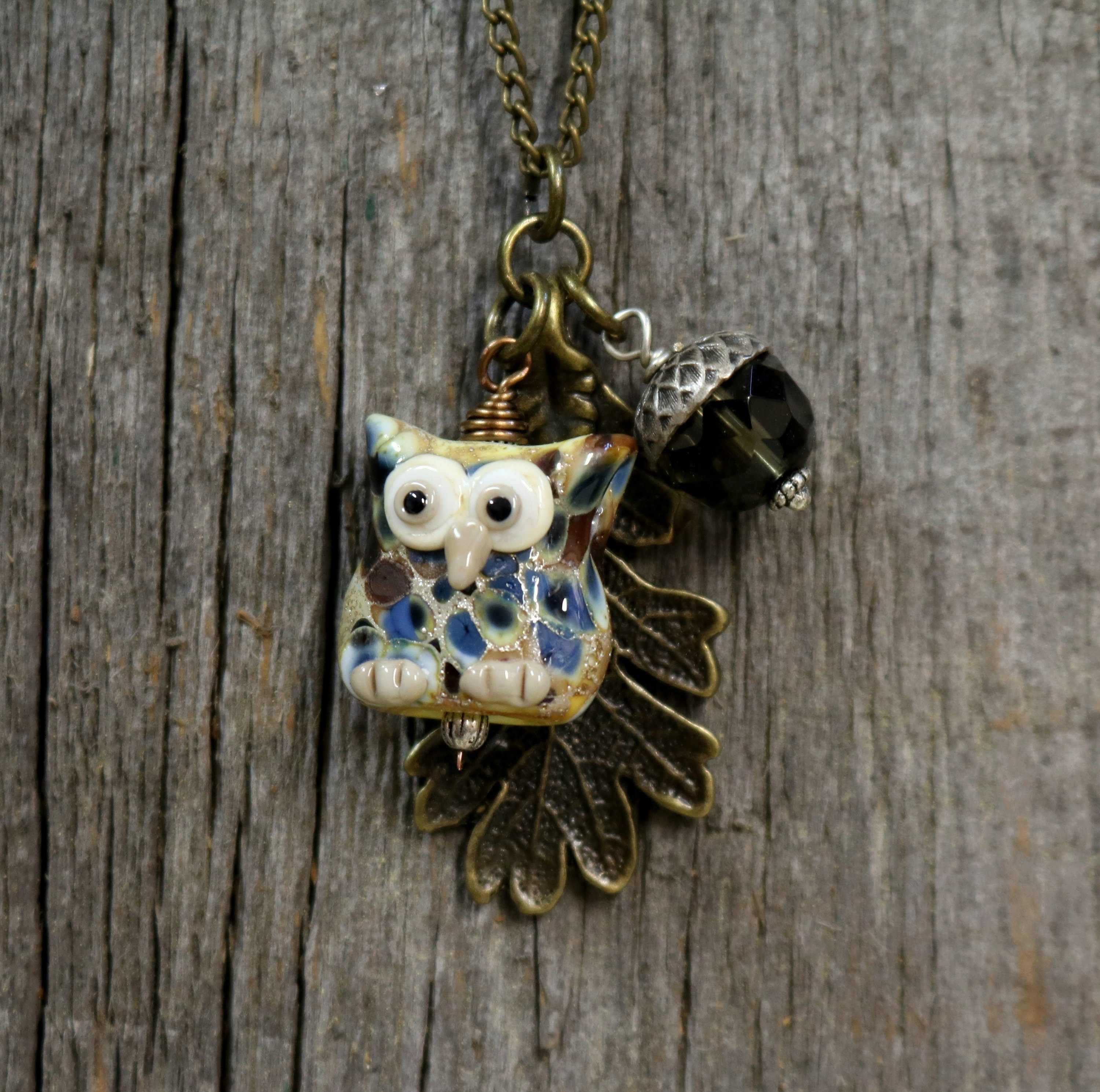Owl Pendant Necklace Artisan Handmade Lampwork Oak Leaf Acorn Charm Pendant Autumn Fall SRA Handmade
