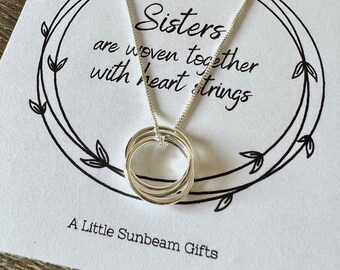 Sterling Silver 3 ring charm necklace Sisters hoop Sister Gift Woven Together Heart String Birthday Thinking of you gifts Sister Sorority