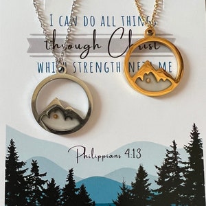 Mountain Mustard Seed Necklace Faith I Can Do All Things Through Christ Gold Silver Missionary Graduation Seminary Encouragment Sympathy gif