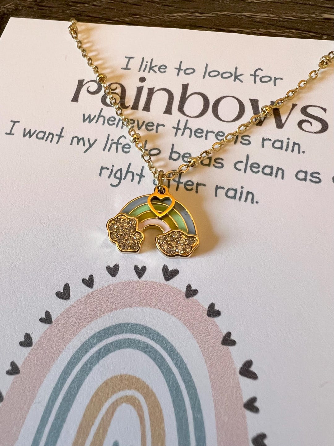 Rainbow Enamel Necklace: Baptism Gift With Dangling Heart