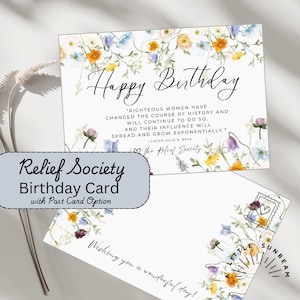 Tarjetas de feliz cumpleaños de la Sociedad de Socorro Tarjetas postales Folletos Descarga instantánea SUD Ministrando Mujeres justas Cambiar el mundo Mujeres Jóvenes Flores silvestres