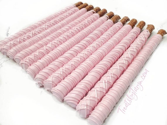 Chocolate Covered Pretzels baby pink. Baby pink pretzels. Baby pink pretzels. Pink pretzels.  Chocolate covered pretzels