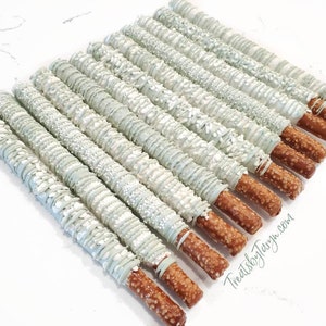 Chocolate Covered Pretzels. Sage and white pretzels. Sage pretzels. baby pretzel rods. Sage and white rods. Sage wedding. Sage chocolate image 2