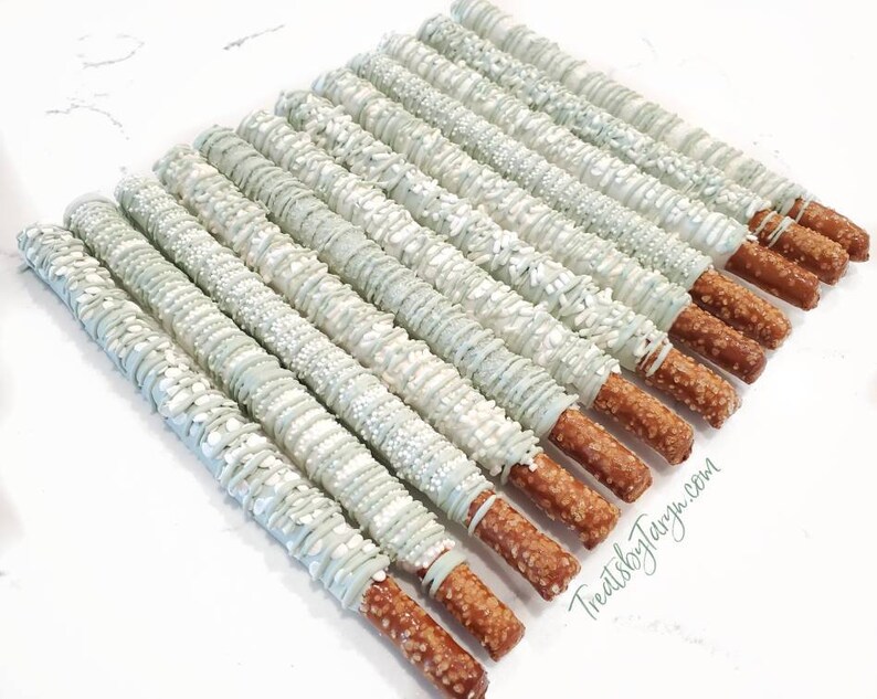 Chocolate Covered Pretzels. Sage and white pretzels. Sage pretzels. baby pretzel rods. Sage and white rods. Sage wedding. Sage chocolate image 2