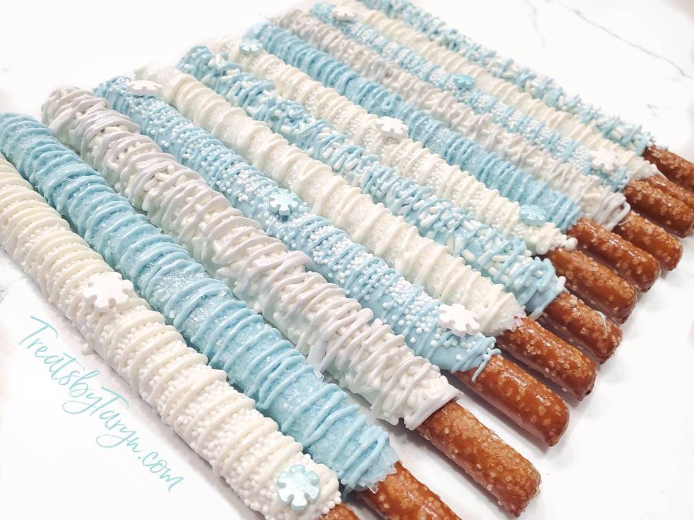 Winter chocolate covered pretzels. baby blue chocolate pretzels. winter