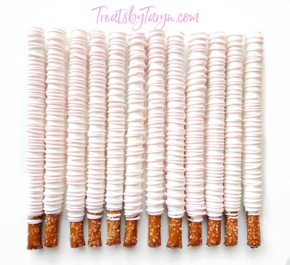 Chocolate Covered Pretzels- Baby pink/white. baby pink chocolate covered pretzels. baby shower pretzels