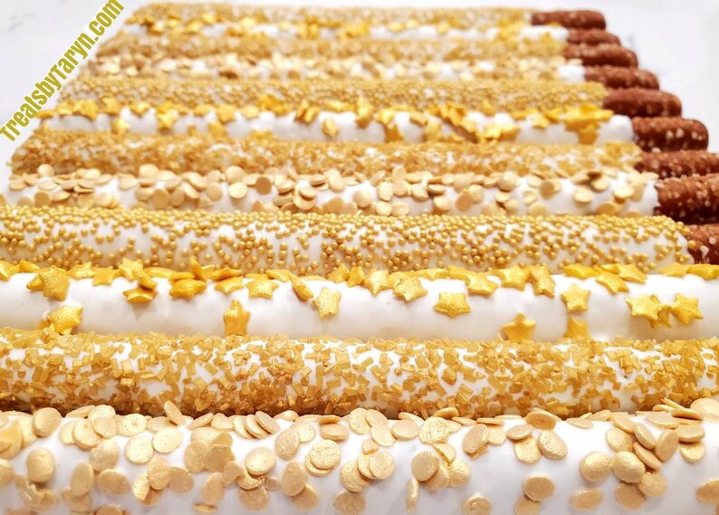 Chocolate Covered Pretzels. Gold Pretzels. Gold and White Etsy