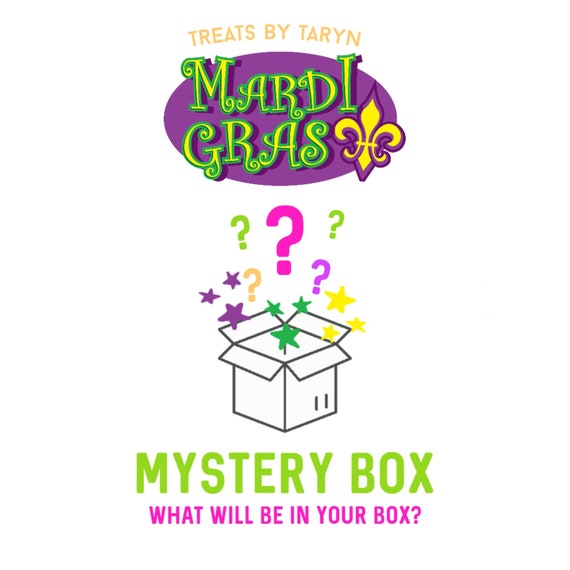 Mardi Gras mystery treat box. Mardi Gras treats. Mystery boxes. Mardi Gras treat box. Mardi Gras gift. Mardi Gras gift box