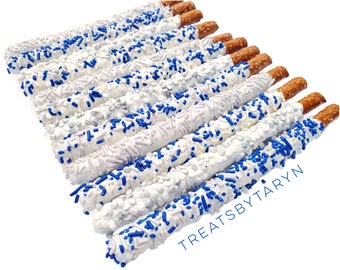 Royal Blue Chocolate Covered Pretzels: Silver Spritz Rods (12)