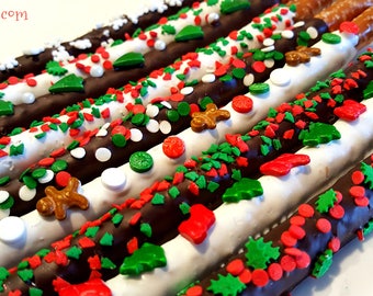 Pretzels navideños cubiertos de chocolate: delicias navideñas (12 piezas)