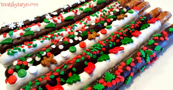 CHRISTMAS Chocolate Covered Pretzels. christmas treats. christmas pretzels. christmas gifts. xmas pretzels. xmas treats. xmas favors