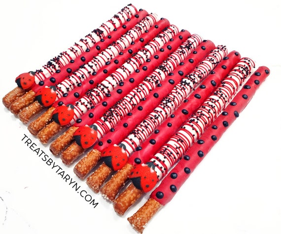 Chocolate Covered Pretzels. Lady bug pretzels. pretzels. baby shower pretzel rods. Lady bug rods. Lady bug pretzels. Lady bug shower