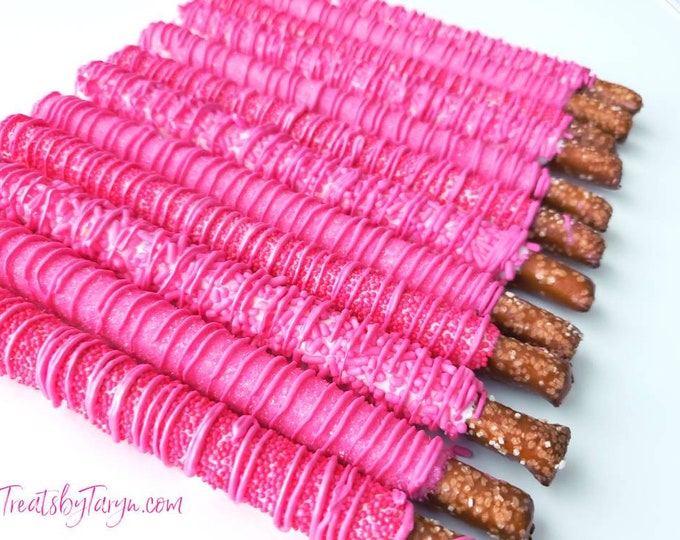 Hot pink Chocolate Covered Pretzels. Pink chocolate covered pretzels.  Hot pink treats. Hot pink pretzels