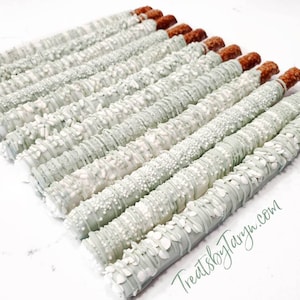 Chocolate Covered Pretzels. Sage and white pretzels. Sage pretzels. baby pretzel rods. Sage and white rods. Sage wedding. Sage chocolate image 1