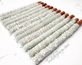 Chocolate Covered Pretzels. Sage and white pretzels. Sage pretzels. baby pretzel rods. Sage and white rods. Sage wedding.  Sage chocolate