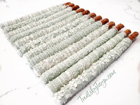 Chocolate Covered Pretzels. Sage and white pretzels. Sage pretzels. baby pretzel rods. Sage and white rods. Sage wedding.  Sage chocolate