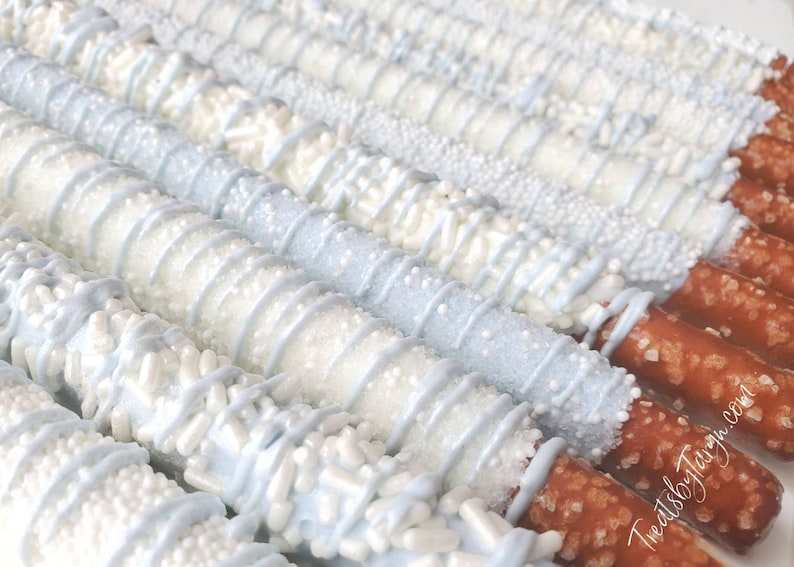 Chocolate Covered Pretzels. Baby Blue and White Pretzels. Etsy