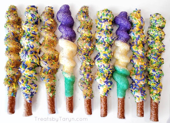 Mardi Gras Caramel twisted chocolate covered pretzels