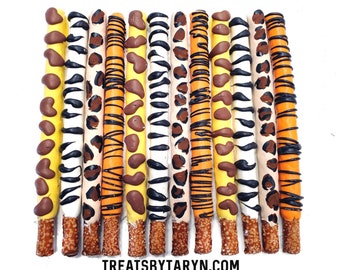 Safari party chocolate covered Pretzels. Safari pretzels. Jungle pretzels. Zoo pretzel rods. Safari party treats