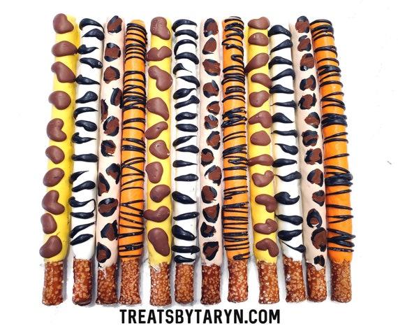 Safari party chocolate covered Pretzels. Safari pretzels. Jungle pretzels. Zoo pretzel rods. Safari party treats