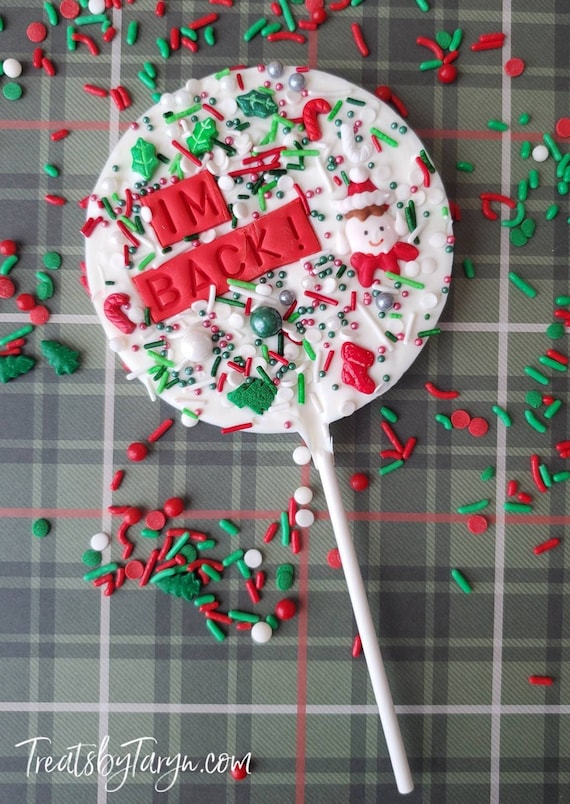 Christmas personalized chocolate lollipop. Christmas elf lollipop. Elf treats. Christmas stocking stuffers. custom Christmas lollipops.