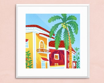 Tropical Art Print - Colorful Houses Illustration Travel Wall Decor 8x8
