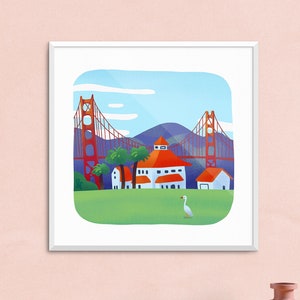 San Francisco Art Print- Golden Gate Bridge Illustration Travel Wall Decor 8x8