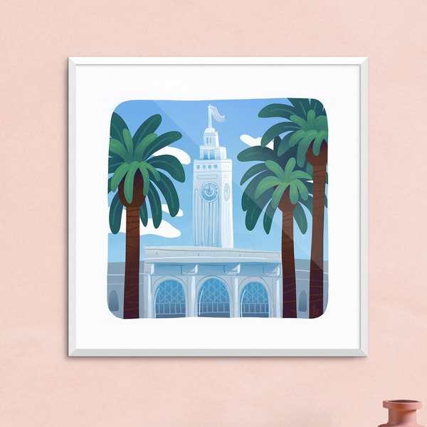 San Francisco Art Print - Ferry Building Illustration Travel Wall Decor 8x8