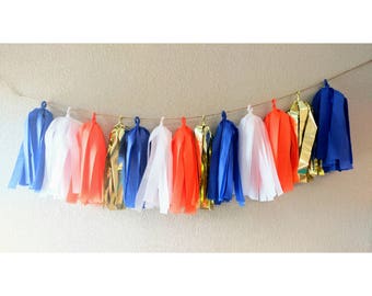 Royal Blue, White, Orange, Gold Tissue Tassel Garland / Graduation Party / Nemo Dory Party Decor