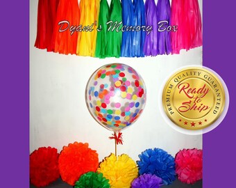 Rainbow Party Decor Kit: Tassel Garland, Pom Poms & Confetti Balloons