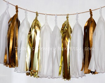 Metallic Gold and White Handmade Tissue Tassel Garland   /  Wedding Tassel Garland / Party Home Decor