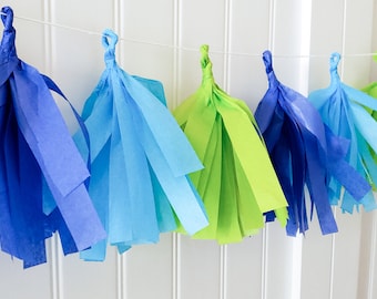 Blue Green MINI Tissue Tassel Garland / High Chair Tassel Bunting / Boy Party Decor/
