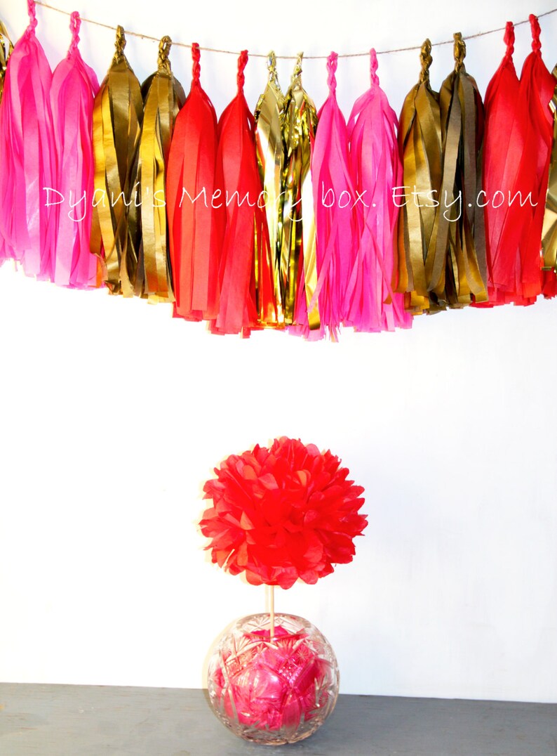 Red Pink Gold Handmade Tissue Tassel Garland / Love Decor / Party Bunting / Tassel Backdrop image 2