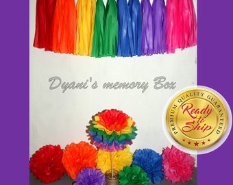 Rainbow Colors Party Kit /  Rainbow Tissue Tassel Garland / Rainbow Tissue Pom poms / Rainbow Party Decorations