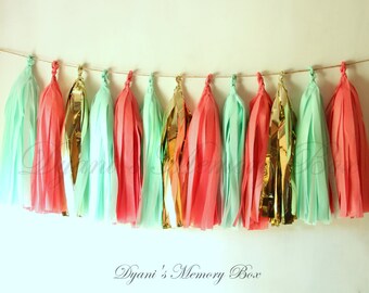 Pink, Mint & Gold Tissue Tassel Garland, Party Decor