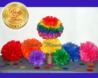 Rainbow Colors Party Decor Kit /  Rainbow Tissue Pom poms / Rainbow Tissue Pom poms with Dowel / Rainbow Party Decorations