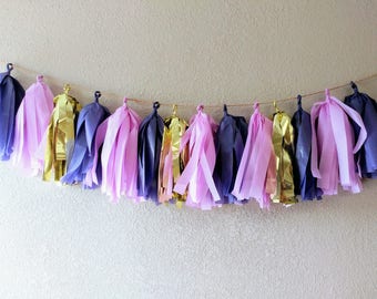 Purple, Lilac & Gold Tissue Tassel Garland: Party Backdrop Decor