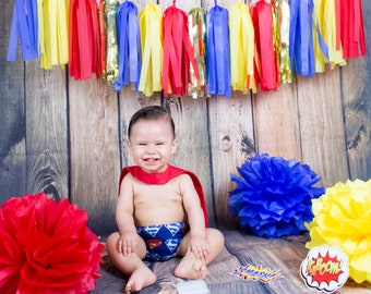 Superhero Red Yellow Royal Blue Gold Handmade Tissue Tassel Garland / Birthday Garland / Tassel Banner Backdrop