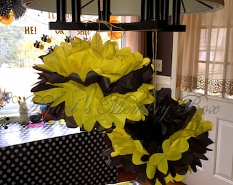 Set of 6 Bumble Bee Tissue Paper Pom Poms - Party Decor