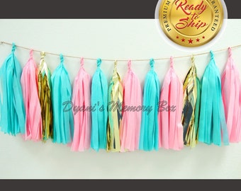 Caribbean Blue, Pink and Gold Handmade Tissue Tassel Garland / Baby Shower Tassel Garland / Gender Reveal Party Decor