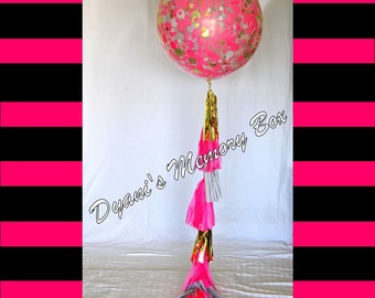 Giant Confetti Balloon with Tassel Tail: Cerise, Gold & White, 36 Inch