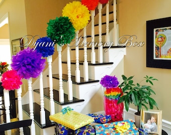 Rainbow Tissue Paper Pom Poms, Set of 7, Fiesta Decor