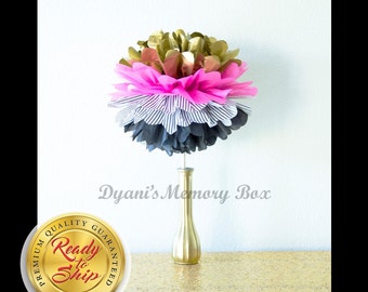 Tissue Pom Pom Centerpiece Set: Pink, Black Stripe Party Decor