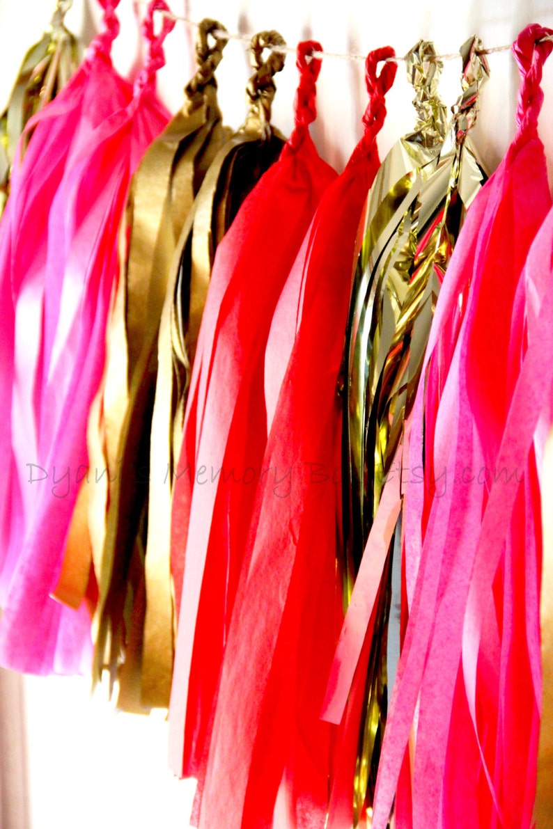 Red Pink Gold Handmade Tissue Tassel Garland / Love Decor / Party Bunting / Tassel Backdrop image 3