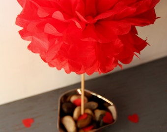Red Tissue Paper Pom Pom with Wood Dowel, Party Decor
