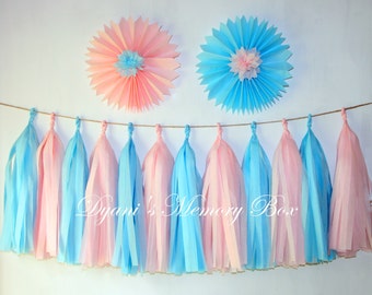 Pink and Blue Tissue Tassel Garland, Baby Shower Decor