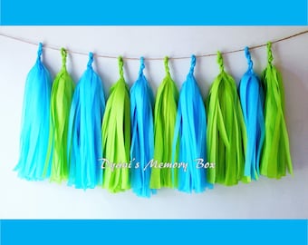 Turquoise Lime Green Handmade Tissue Tassel Garland  / Birthday Boy Banner / Lime Wedding Decor