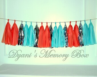 Coral Aqua Silver Tassel Garland / Coral Aqua Decor / Beach Wedding Backdrop / Beach House Decor