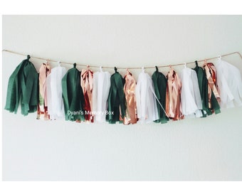 Evergreen, White & Rose Gold Tassel Garland - Party Decor