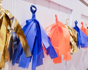 Royal Blue, Orange, Gold Tissue Tassel Garland, Party Banner